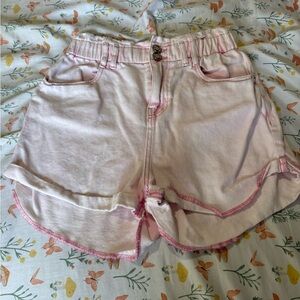 Zara paper bag shorts size 6 pink denim stretch cuff hem